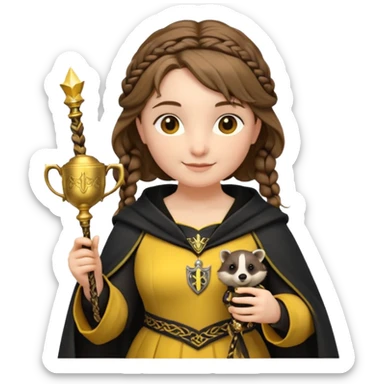 Helga Hufflepuff,the Hogwarts founder of Hufflepuff,brown-haired,2braids,yellow-black medieval dress with black cloak decorated with gold braiding,flickering magic wand and tiny two-handled shiny gold cup engraved with the badger silhouette,very kind smile,curvy busty sweet sticker