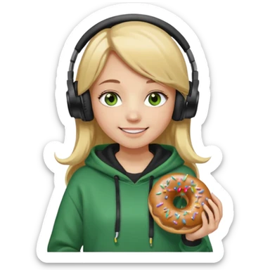 a girl with long brown hair blonde ends green and wearing black headphones she is wearing a cream coulor baggy hoddie she is happyish holding a donut sticker