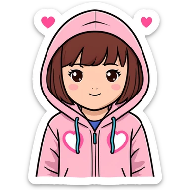 The cutest little brown haired brown eyed little girly with bangs and wearing a pink hoodie with hearts and sparkles sticker