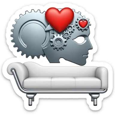 An icon featuring a human head silhouette with gears and a heart inside, symbolizing psychology. The design includes a therapy couch and a speech bubble, representing mental health and communication. Transparent background highlights the study of the human mind and behavior. sticker
