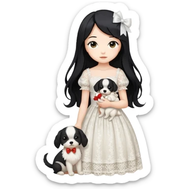 Pastel anime lady long hair with long lace dress full body holding puppy sticker