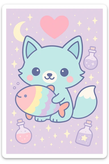 Add a magical, witchy background with stars, crescent moon, and potion bottles behind the blue fox hugging the rainbow fish with a big pink heart, in kawaii cartoon style. sticker