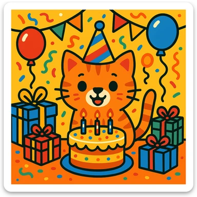 birthday party scene with colorful decorations, balloons, confetti, a large birthday cake, gifts, and a festive atmosphere, featuring a ginger tabby kitten wearing a birthday hat as the main character sticker