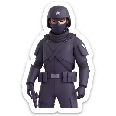 armed figure in all-black military clothing, shiesty mask, and helmet, standing in a ready pose sticker