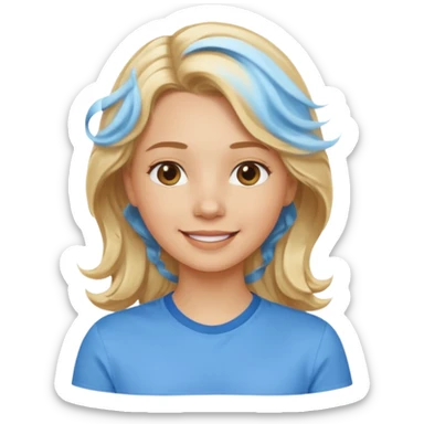 Happy blond girl with light weavy hair with a blue shirt but we can see only her face and neck and the top of the t shirt, no whole body sticker