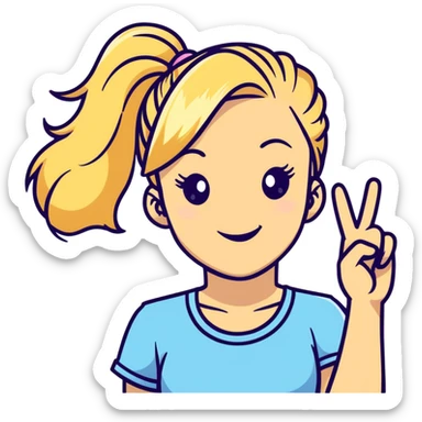 blonde girl with high pony tail hair, winking and making peace sign sticker