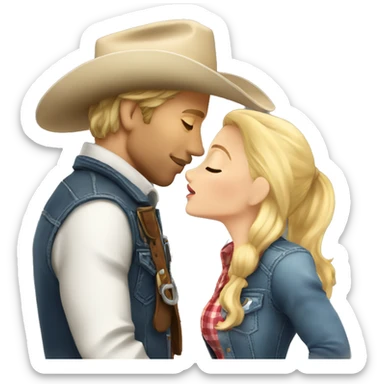 a short blonde cowgirl kissing the cheek of a tall blonde cowboy sticker