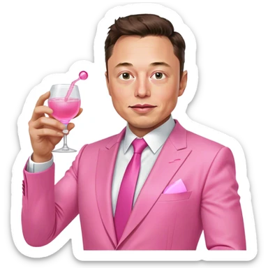 Elon Musk, dressed in an all-pink suit, with one hand holding a pink tequila shot sticker