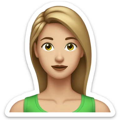 Woman with asymmetrical light brown hair, short on one side, green eyes at the gym sticker