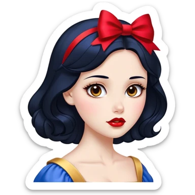 Cinematic Elegant Snow White Portrait Emoji, rendered in a realistic, vector-style with minimal shading and bold, simplified shapes. Depict Snow White (chest and above) with flawless porcelain skin, expressive deep brown eyes, and lustrous raven hair neatly styled with a red bow, wearing her classic blue and gold dress. The image glows with a soft, pure radiance and high shine, capturing timeless beauty and gentle grace. sticker
