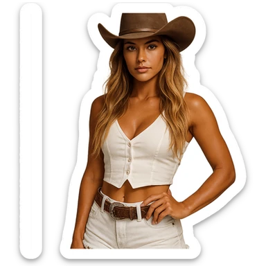 tanned cowgirl, long blonde hair, brown eyes, white clothes, cowboy hat, confident look sticker