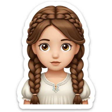 Una niña de 6 años, muy bonita, de piel blanca, con cabello largo y peinado de dos trenzas, con ojos marrones  sticker