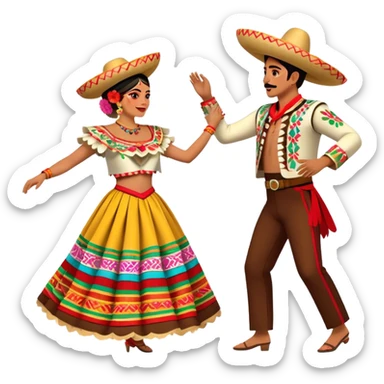 Cinematic Realistic scene of two performers dancing the Jarabe Tapatío, dressed in colorful traditional Mexican costumes with intricate embroidery, captured in energetic, festive motion with vibrant, celebratory lighting sticker