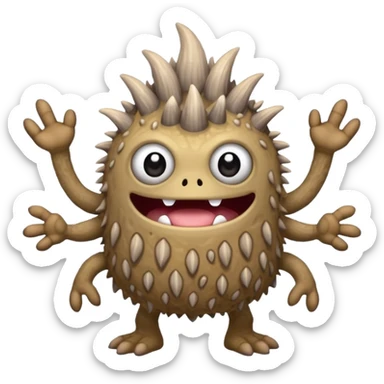 My Singing Monsters Dust element monster, sandy cracked body, muted brown-gray colors, drifting dust particles, cute cartoon style sticker