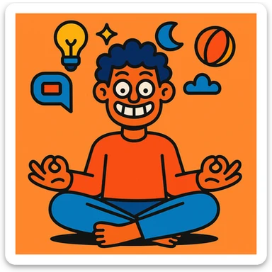 a person meditating with a silly grin, floating objects around their head, vibrant toon style sticker