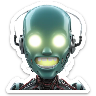 Alien robot head with glowing wires and white teeth  sticker