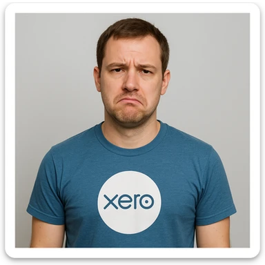 man with short brown hair, Xero t-shirt, unimpressed expression, simple background sticker