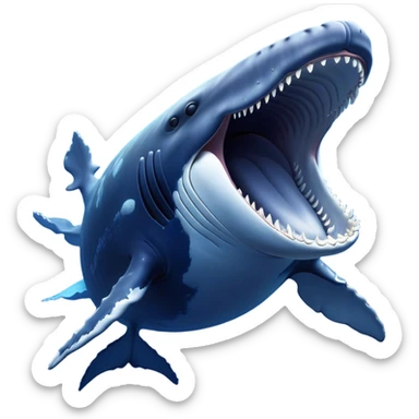 Meme-Worthy Singing Humpback Whale Portrait Emoji, Mouth open wide in a dramatic, melodious pose, showcasing a deep blue-gray body with barnacle accents and an expressive, soulful gaze, Simplified yet artistically graceful features, highly detailed, glowing with a soft, magical marine aura, high shine, enchanting and full of life, stylized with an air of deep-sea wonder, soft glowing outline, capturing the essence of a majestic humpback whale mid-song, resonating with the beauty of the ocean's ancient melodies! sticker