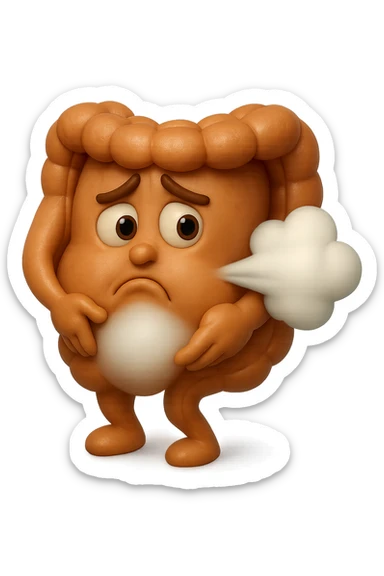 emoji stile iphone di un intestino che ingoia una nuvoletta di aria ben visibile e gli si gonfia la pancia, iperrealistico 4k sticker