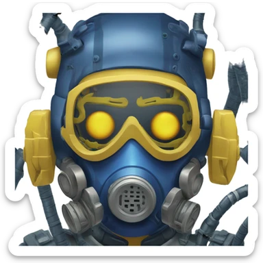 Dark Blue curly hair cyborg head with yellow respirator mask and circuitry sticker
