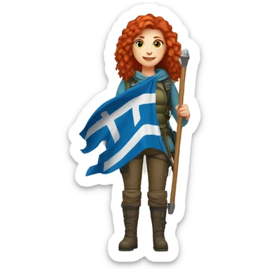 female winter mountaineer red hair holding greek flag sticker