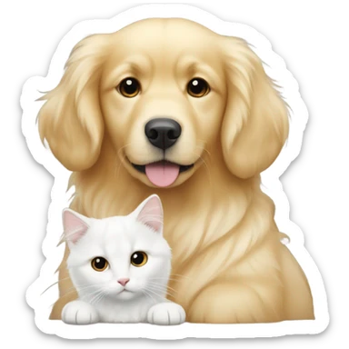 golden retriever snuggled up with a fluffy white cat  sticker