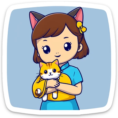 girl with brown hair and bangs wearing yellow qipao with a gray tabby cat sticker
