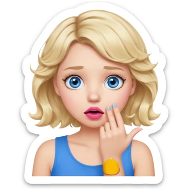 Girl Blonde short wavy hair,  blue eyes, cute blue top, long lashes, pink lips, shocked, hand over the mouth sticker