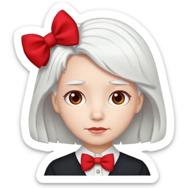 back view of white hair with red bo sticker