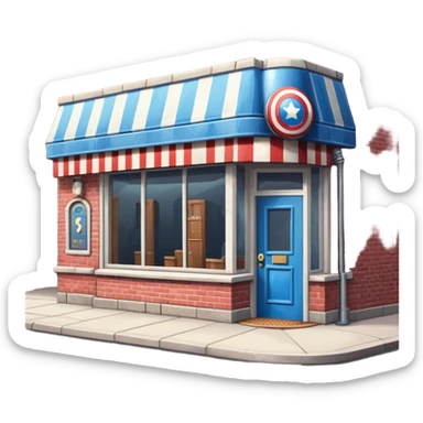 barbershop exterior with secret superhero lair hidden inside, barber pole, secret entrance sticker