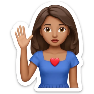 brown-skinned girl with slightly wavy hair, straight nose, heart-shaped lips, round eyes and face, soft eyebrows, long lashes, waving, shown from the waist up sticker