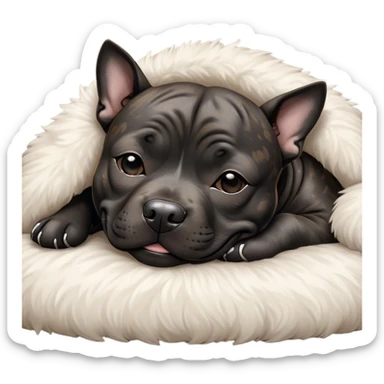 Meme-Worthy Cute Sleeping Black/Brindle Staffordshire Bull Terrier Portrait Emoji, Head resting peacefully with a contented smile, showcasing a delightfully compact build and a luxuriously soft Fur with an attractive black and brindle blend, eyes shut in a serene nap, Simplified yet hilariously adorable features, highly detailed, glowing with a soft, drowsy light, high shine, relaxed and utterly lovable, stylized with an air of playful laziness, bright and heartwarming, soft glowing outline, capturing the essence of a comically sleepy guardian, so meme-worthy it feels like it could instantly become the next viral sensation of adorable slumber! sticker