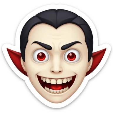 Vampire head, fangs, pale skin, cartoon horror emoji, no background sticker