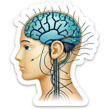 An icon featuring a human head silhouette with circuit patterns, a glowing brain, and neural network nodes, symbolizing artificial intelligence. The design includes data flow lines and robotic elements, representing machine learning and advanced computation. Transparent background sticker