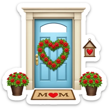House door with heart-shaped wreath and welcome mat reading "Mom" sticker