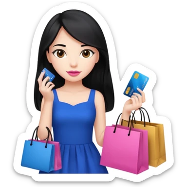 Girl with long black hair, pink lipstick, brown eyes holding shopping bags and blue credit card and wearing a dress  sticker