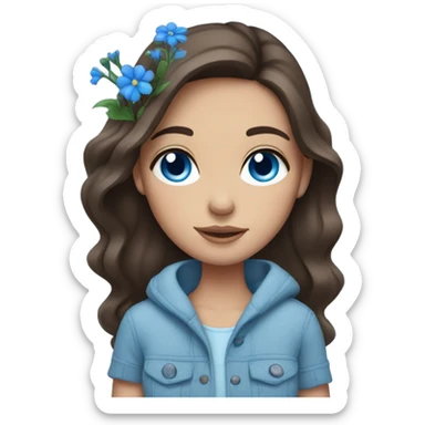 Brunette white Girl with blue eyes and freckles holding blue flowers  sticker