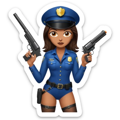 A sexy girl. with caramel skin. Dark brown hair and brown eyes. She has freckles. Wearing sexy makeup. Dressed as a sexy cop. wearing lingerie and heels. Holding a gun sticker