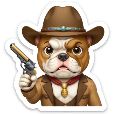 A bulldog wearing a cowboy hat pointing a revolver at you and telling you to hand over your money. sticker