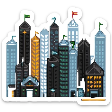 cityscape with economic symbols like upward arrows, coins, and buildings sticker