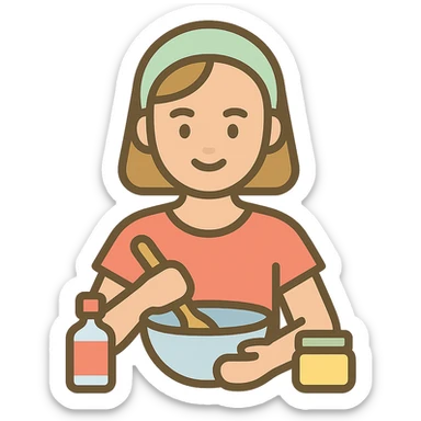 girl making skincare products, mixing ingredients in a bowl, color icon sticker