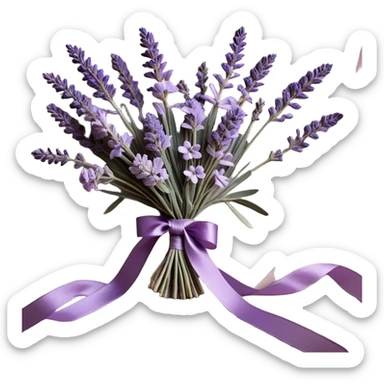 A delicate lavender bouquet, bound with a faded violet silk ribbon, rests atop an aged lace cloth, its soft petals releasing a gentle, calming fragrance. Wisps of dried lavender buds scatter across the table, their muted plum and lilac hues blending harmoniously with the intricate embroidery of the fabric.
 sticker