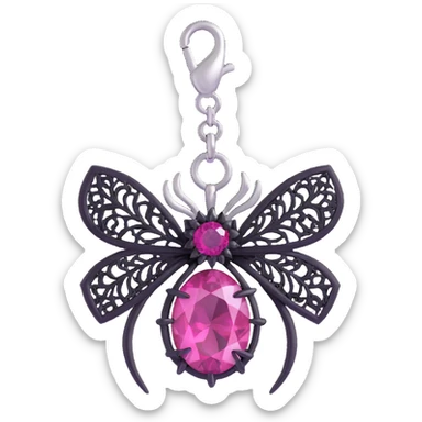 3D emoji style pink bow with gothic effect, black lace trim, silver spider charm, and deep magenta gemstone center sticker