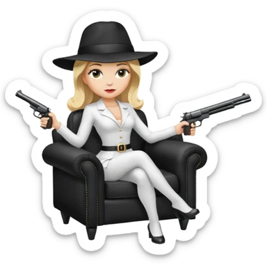 Mafia blondes Evil woman in hat , gun ,black armchair , white costume  sticker