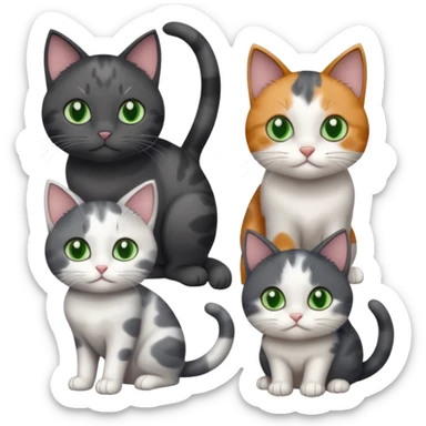 3 different coloured small cats including a dark grey and white, and a patchy calico and a completely solid dark grey with green eyes and only white paws sticker