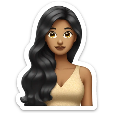 Tanned woman with long black hair wearing 1970s style dress and hair sticker