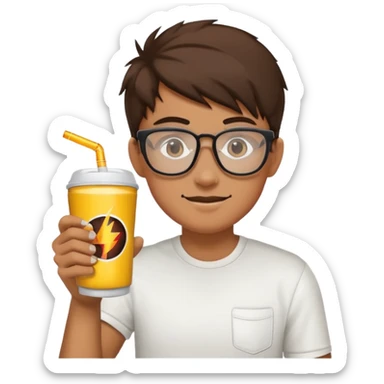 Gamer with big glasses and energy drink coffee sticker