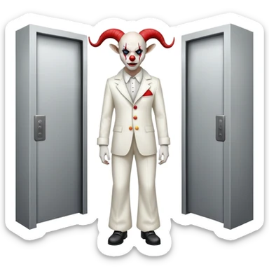 full-body demonic clown in a white leisure suit with bellbottom pants, bald, black ram horns, wearing elevator shoes sticker