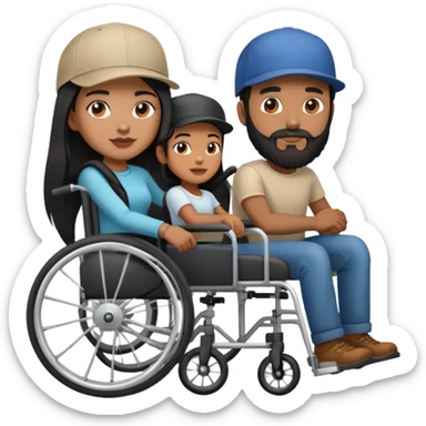 Beige skin man with a beard and cap in a wheelchair and a brown skin woman with long black hair in a wheelchair  sticker