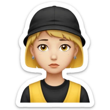 Create me an emoji like that, sad, with earrings, a black cap backwards, yellow skin like an emoji, and short hair down to the nape of my neck. sticker
